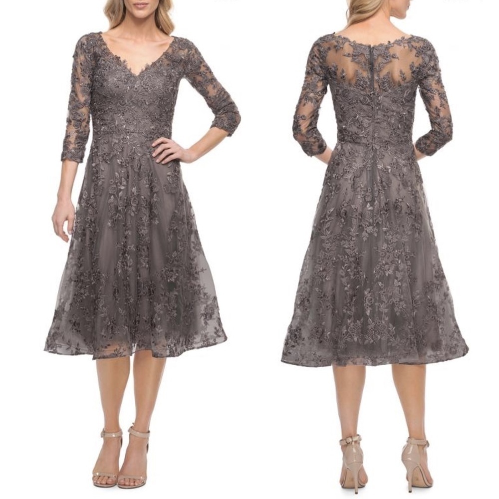 NEW La Femme 30268 Lace V Neck 3/4 Sleeve Midi Dress in Gunmetal Sz. 4